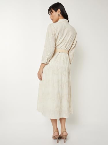 Max Women Embroidered Shirt Dress with Belt (Beige_XXL)