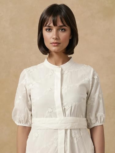 Rareism Women's Round Neck Embroidered Puff Sleeves Midi A-Line Dress