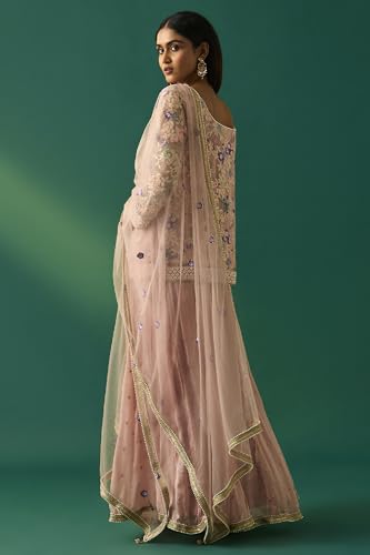 Wishful Women's Pink Floral Embroidered Straight Kurta with Sharara and Dupatta Set - (SP11501-401092-M)