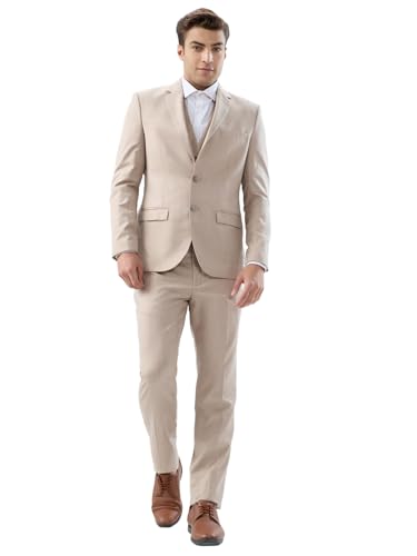 Park Avenue Men Slim Fit Solid Pattern Terry Rayon Blend Notch Lapel Full Sleeve Ceremonial Suit Fawn