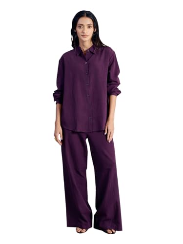 FIORRA Women’s Wine Linen-Blend Loose Relaxed Fit Co-Ord Set SET0215