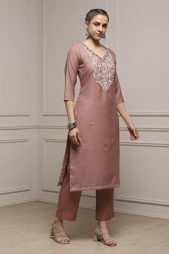 Biba Women Beige Mul Chanderi Blend Hand Embroidered Unstitched Suit Set_FREE SIZE