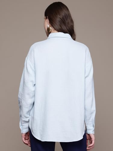 Label RITU KUMAR Collar Neck Full Sleeves Solid Shirt Powder Blue