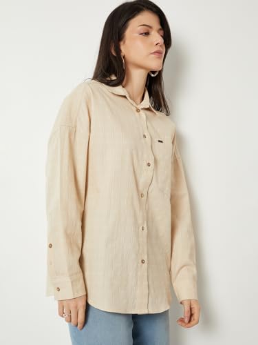 Max Women Oversized Checked Shirt(Beige_M)