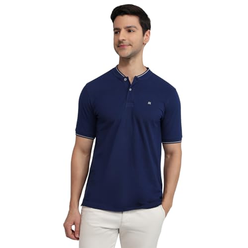Raymond Men Modern Fit Solid Pattern Pure Cotton Half Sleeve Polo Neck Casual T-Shirt Blue