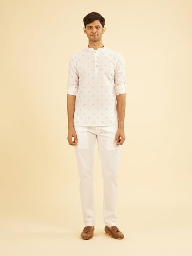 Manyavar Men's Cotton Blend Printed High Neck Short Kurta (White,XXXL)