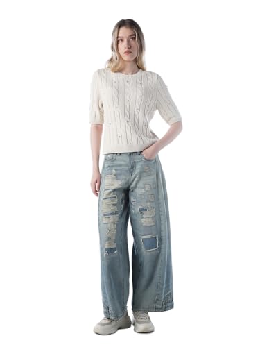 ONLY Women's Self Design Regular Fit White Sweater