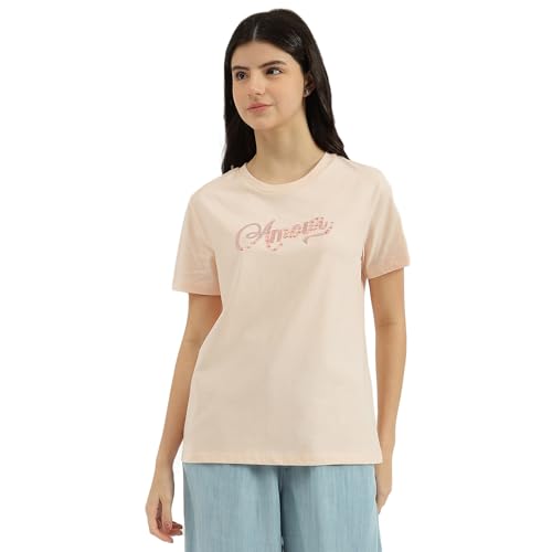 United Colors of Benetton Round Neck Embroidered T-Shirt (Size: L)-25P3099W3F06IP13 Peach