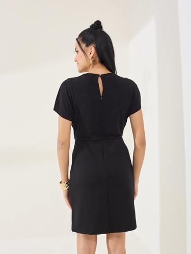 Latin Quarters Women's Black Shimmer Cap Sleeve V-Neck Party Bodycon Dress_M