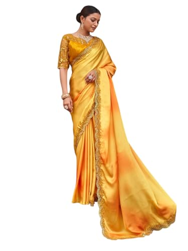 Zeel Clothing Women's Yellow Embellished Embroidered Satin Saree with Blouse (ZURI-1101-Yellow-Sarees-For-Womens, Yellow)