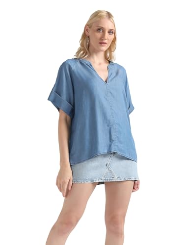 Tommy Hilfiger Blue Lyocell Women's V-Neck Solid Short Sleeve Top (2XL)