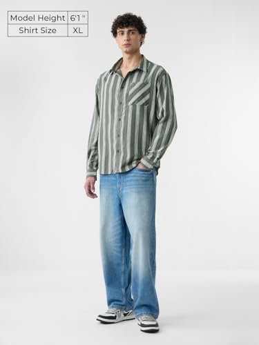 The Souled Store Textured Stripes: Grey Men and Boys Long Sleeves Collared Neck Button Front Cotton Relaxed Shirts