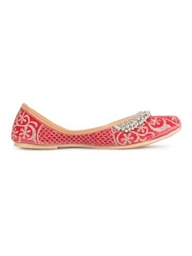 DESI COLOUR Flat Footwear/Mojari/Punjabi Jutti/Bellies for Women - Red Embroidered Gungroo (8)