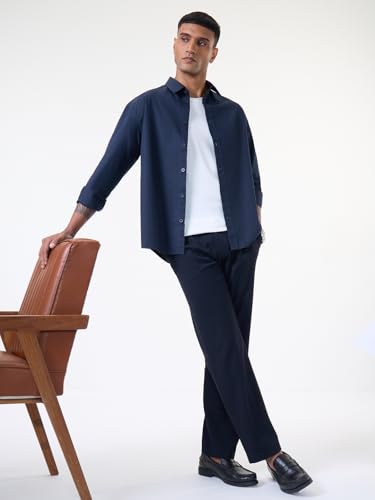 The Souled Store Midnight Silk Men and Boys Long Sleeve Spread Collar Navy Blue Solid Easy to Style Everyday Office Wear Stylish Casual Cotton Relaxed Shirt