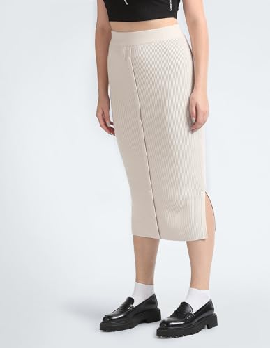 Calvin Klein Women Embroidered Slim Beige Skirt (M) - J219981ACF