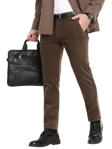 Hancock Men Cotton Solid Slim Fit Trousers Brown Size 32, Durable Fabric with a Tailored Finish, Comfortable Stretch Waistband, Machine Washable Easy Care Fabric