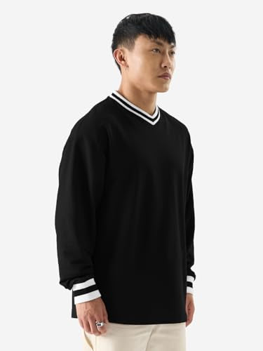 The Souled Store Solids: Black Men and Boys V-Neck Full Sleeve Oversized Fit T-Shirts Oversized Men's T-Shirts Solid Basic Tees Casual Fashion Relaxed Fit Full Sleeves Round Neck Block Styles Trendy