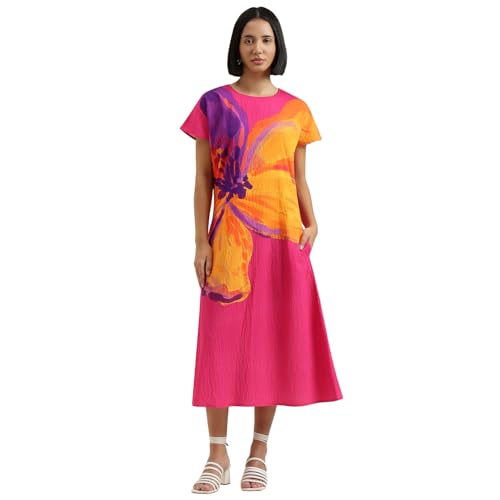 United Colors of Benetton Regular Fit Round Neck Floral Dress (Size : L) - 26P4WVNDR3X7I901 Pink