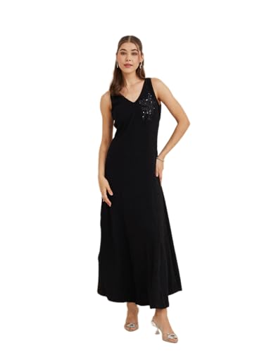 Latin Quarters Women's Black V-Neck Sleeveless Solid Party Fit & Flare Dress_S