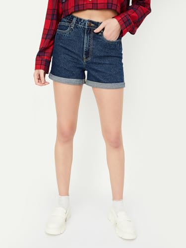 Max Women Solid Denim Shorts (LOOM2DDARK BLUE)_30