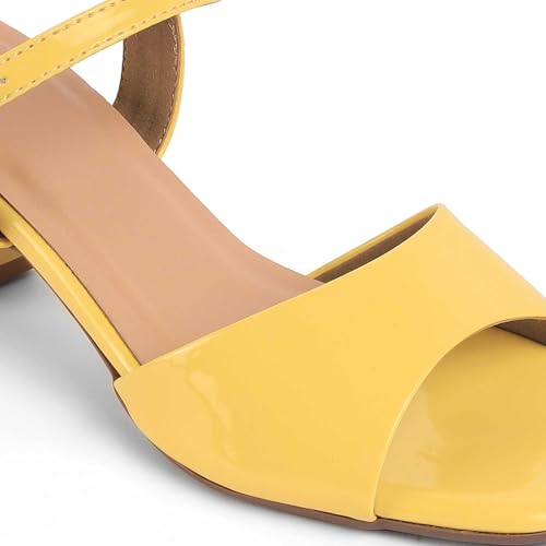 tresmode SOLOR Women's Block Heels Sandals Stylish Yellow, 6 UK / 39 EU - Square Toe Ladies Footwear Soft Comfortable Sandals