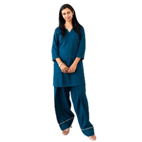 HION HILS Women's Rayon Farshi Salwar Suit with Palazzo Set 3/4 Sleeves Plain Kurti for Women and Girls (in, Alpha, S, Regular, Petrol Blue)