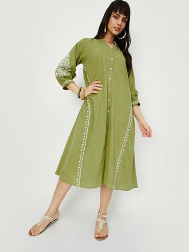 Max Women Embroidered A-line Dress (QRBG34008GREEN)_S