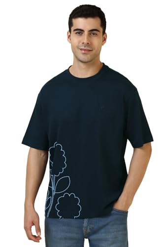 Allen Solly Men Navy Embroidered Crew Neck T-Shirt