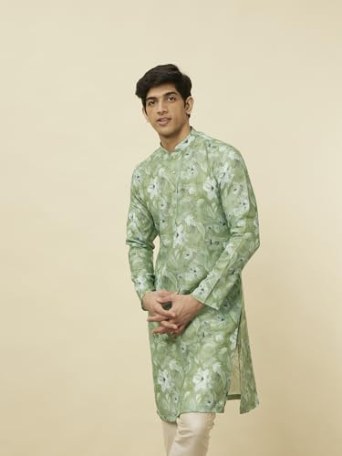 Manyavar Men's Sage Green Floral Printed Kurta (L)