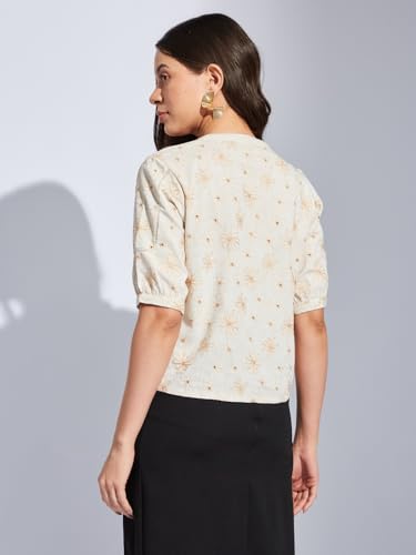 Latin Quarters Women Beige V-Neck Half Sleeves Printed Shirt Blouse for Casual Wear_M