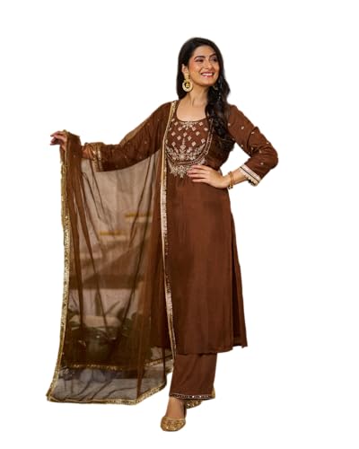 VARNI FABRICS: A lady's First Love Women's Brown Vichitra Silk Embroidered Kurta With Straight Pant And Dupatta, Ethnic Festive Set (IN, Alpha, M, Regular)
