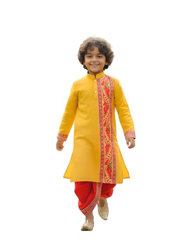 NEEDLE GO TRADITIONAL Boys Cotton Jamdani Kurta with Silk Dhoti Set, Traditional Indian Ethnic Wear, Full Sleeve, 2-14 Years, All Festival, 2 Piece Set for Festivals (YELLOW, 2-3 YEAR)