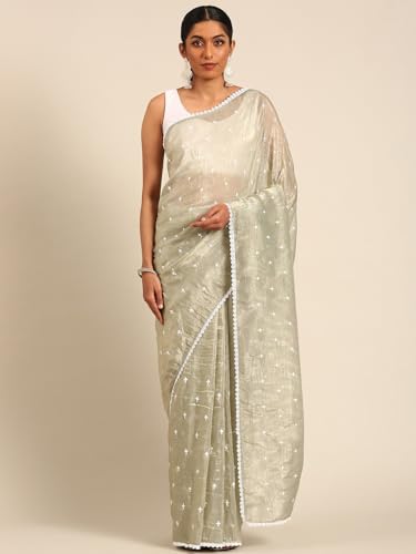 Panzora Women's Green Tissue Gold Crush Embroidery Work Saree With Unstitched Blouse Piece