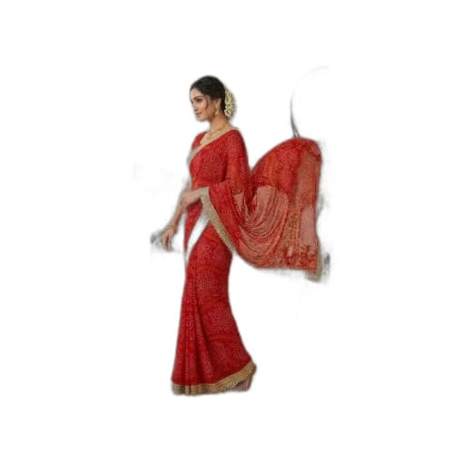 FreHee Red Bandhani Print Chiffon Saree with Gold Lace Border