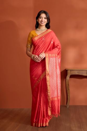 Taneira Women Red Pure Tussar Silk Chattisgarh Woven Saree With Unstitched Blouse Piece (SAPH01AB2954-Red)