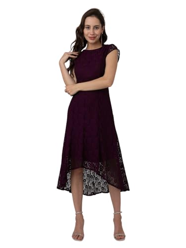 Zink London Women's Wine Colored Lace Round Neck Midi Dress