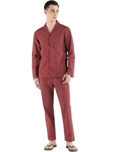 Hancock Men Cotton Checked Relaxed Fit Night Suit Red Size S