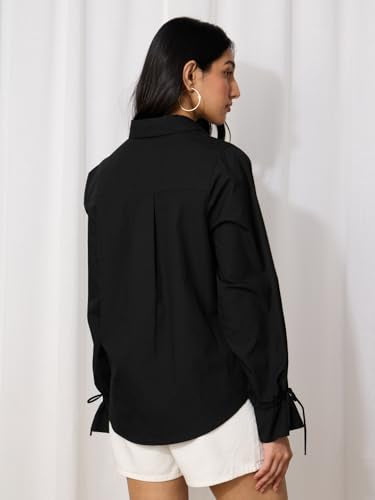 The Souled Store Hearts Women and Girls Long Sleeves Collared Neck Button Front Solid Black Regular Fit Cotton Shirts