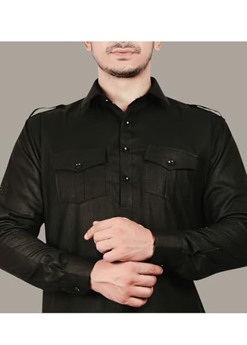K-ROYALS Afghani Style Men'S Solid Pathani Suit/Luxury Fabric Kurta Pyjama Set (Black, XXX-Large)
