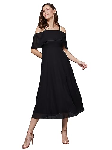 Miss Chase Women's Black Solid Sleeveless Spaghetti Strap Off Shoulder Midi Skater Bardot Dress (MCAW17D10-06-62_Black_L)