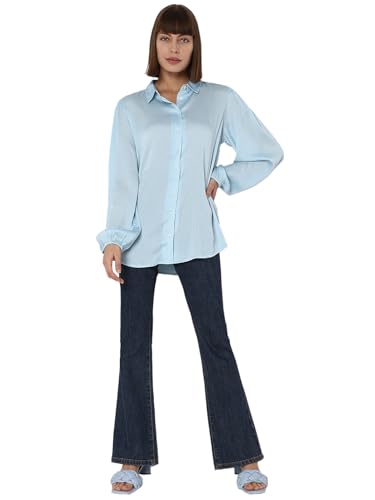 VERO MODA Women Solid Polyester Regular Fit Blue Shirt