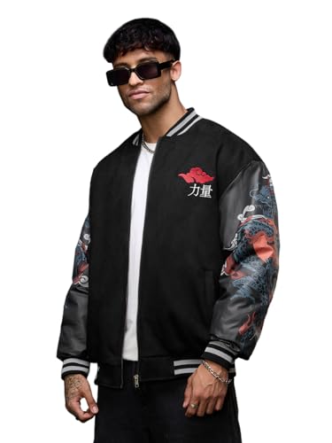 The Souled Store Bomber Jacket: Dragon Men and Boys Full Sleeves Spread Collar Black Graphic Printed Polyester Oversized Fit Lightweight Winter Bomber Jacket