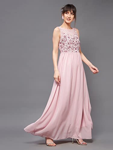 Miss Chase Women's Boat Neck Sleeveless Embellished GatheRegular Dress (MCAW25D88-99-RSF-04, Rhubarb Pink, M)