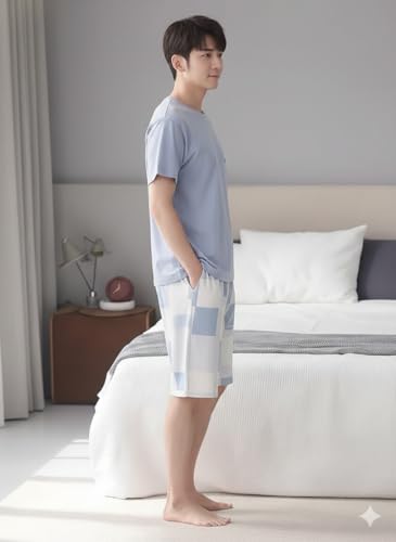 JVX Mens Korean Night Dress || Short Pyjama Set || Korean Nightsuit ||Men Nightwear ||Round Neck Short Sleeve Nightsuit || Loungewear || Everyday Nightdress (MPS-02)