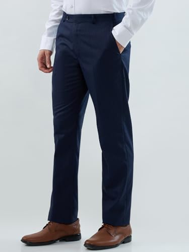 Park Avenue Men Regular Fit Stripe Pattern Poly Viscose Blend Flat Front Formal Trouser Blue