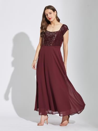 Latin Quarters Women Maroon Square Neck Cap Sleeves Solid Maxi Fit & Flare Dress L