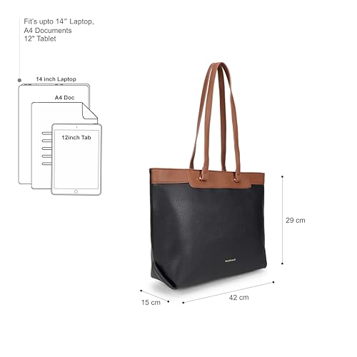 Fastrack Twilight Tan Laptop Tote Bag | Black on Tan Faux Leather Work Tote with 14 Inch Laptop Sleeve | Zip Closure with Organizer Pocket & Dual Handles