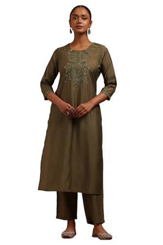 Soch Womens Olive Muslin Floral Kurta Set With Chikankari Embroidery Work