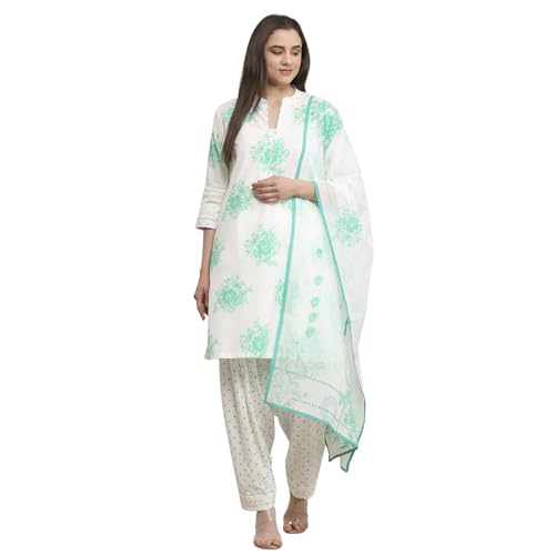 Biba Women Turquoise Cotton Straight Suit Set_42