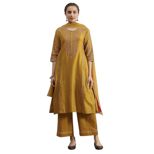 Biba Women Mustard Cotton Blend Kalidar Dyed Suit Set_36